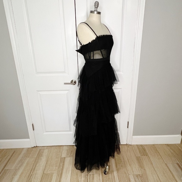 Betsy & Adam Tiered Tulle Ruffle Gown Size 2 Black Maxi Dress Corset - Picture 8 of 14